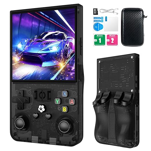 R36MAX Retro Handheld Games Console, Retro Game Console with 4.0 inch IPS HD Screen, Video Game Consoles with 64GB Memory, Portable Gaming Player for Travel, Gift for Teen or Partner, Blcak