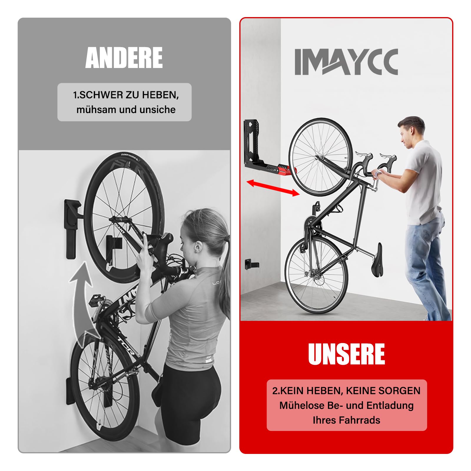 IMAYCC No Lifting Bicycle Wall Mount, Vertical Adjustable Foldable Wall Mount Bicycle, Swivelling Space Saving Bicycle Mount Wall, MTB & Road Bike Bicycle Stand Wall, Ideal for Garages