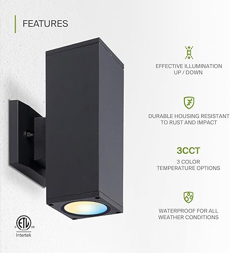 Miniatura 3 de ASD Lámpara de pared LED cuadrada de 2 luces LED para interiores y exteriores, 18 W, 1900 lúmenes, 3000 K-5000 K, 120 V, cilíndrica hacia arriba,