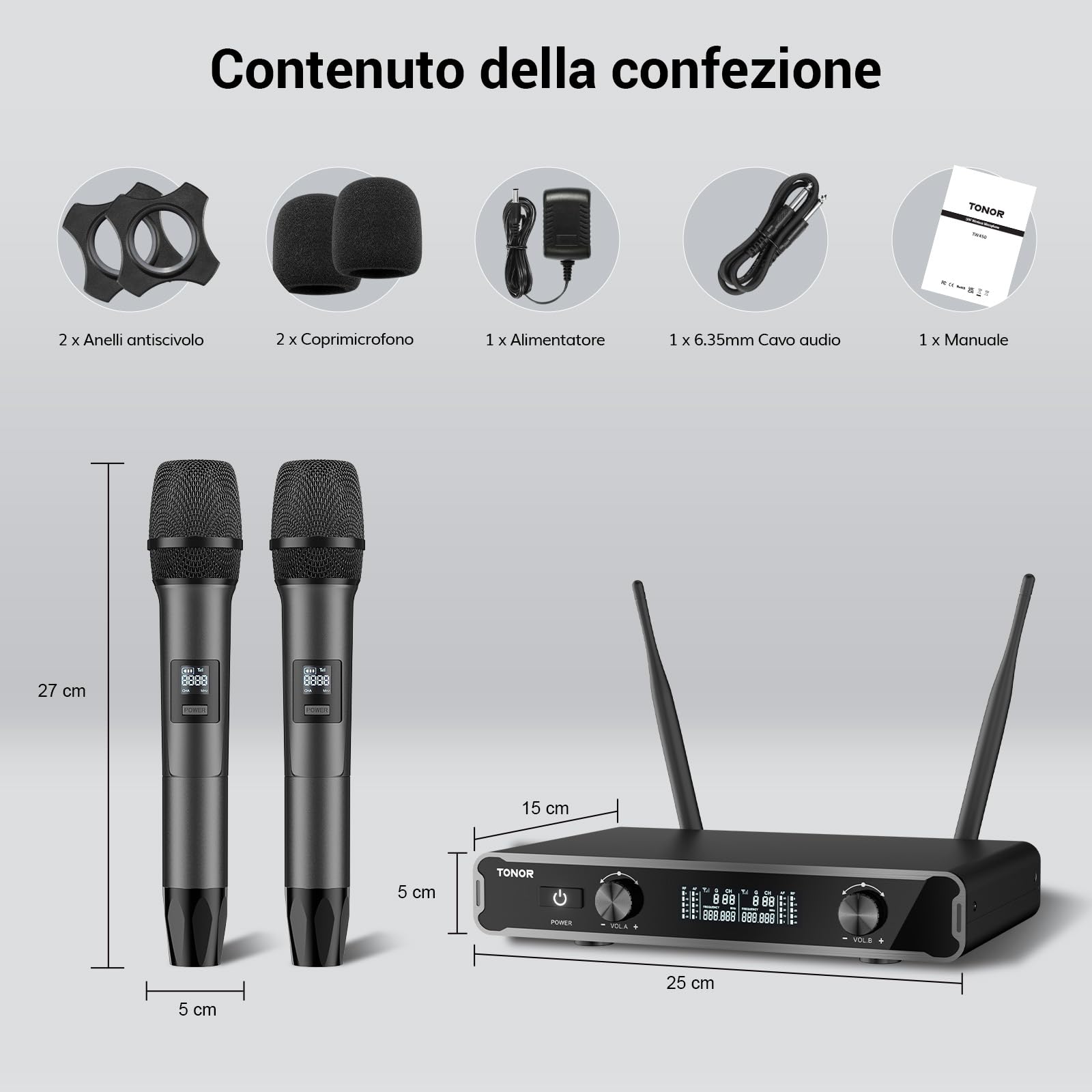 TONOR Microfoni senza fili, Cordless Dual Handheld Dynamic Karaoke Singing Mic System con Ricevitore per Karaoke, Home KTV, Matrimonio, Festa, Chiesa, 2x5 UHF Frequenze Regolabili, 60M TW450 Grigio