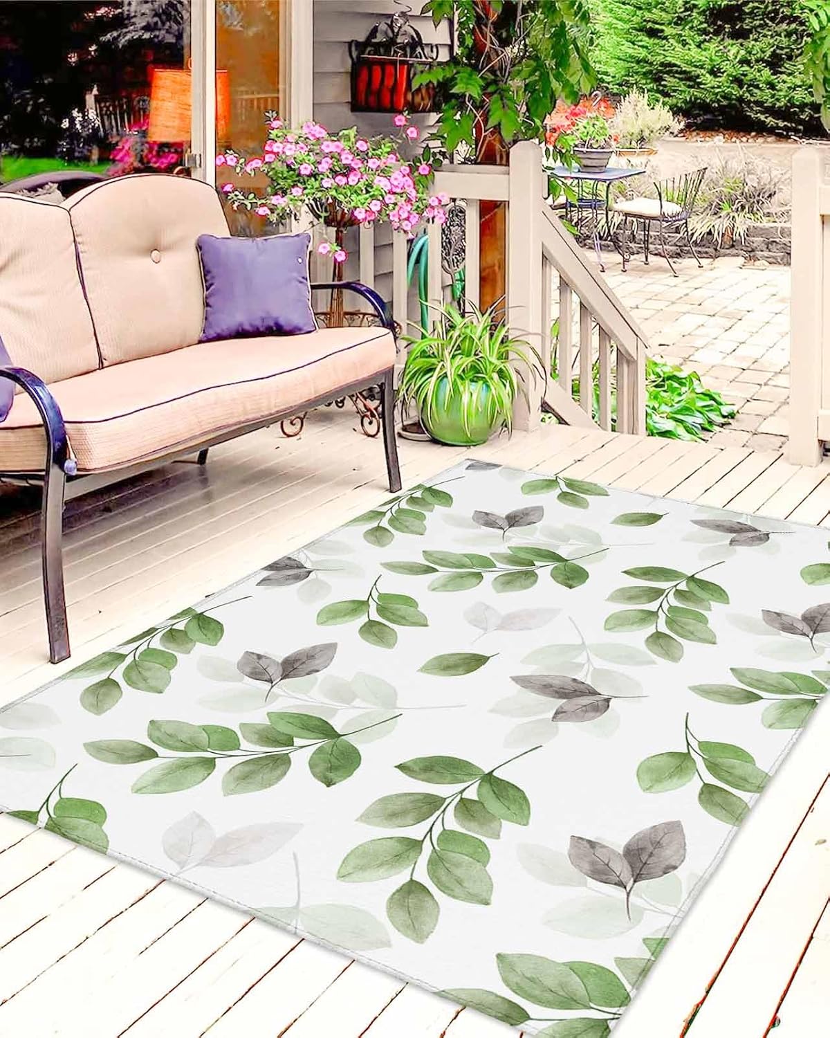 Outdoor Rug 4x6 ft Green Eucalyptus Leaves Outdoor Large Area Rug Non Slip Rubber Watercolor Leaf Front Door Mat RV Rug Camping Carpet Patio Outdoor Rugs for Backyard Balcony Deck Porch Indoor