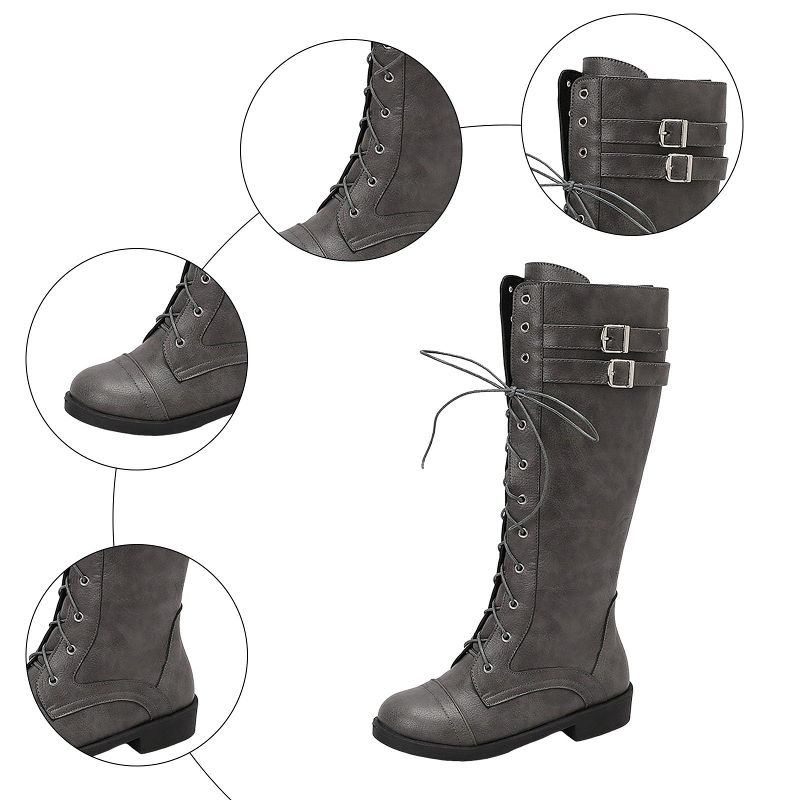 Botas de mujer con cordones en la parte delantera, tacón bajo, cremallera lateral y cinturón, hasta la pantorrilla, botas occidentales para mujer