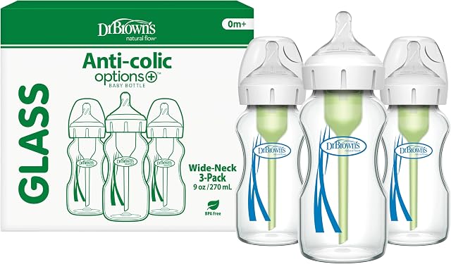 Dr. Brown's Natural Flow Anti-Colic Options+ Wide-Neck Glass Baby Bottles 9 oz/270 mL, with Level 1 Slow Flow Nipple, 3 Pack, 0m+