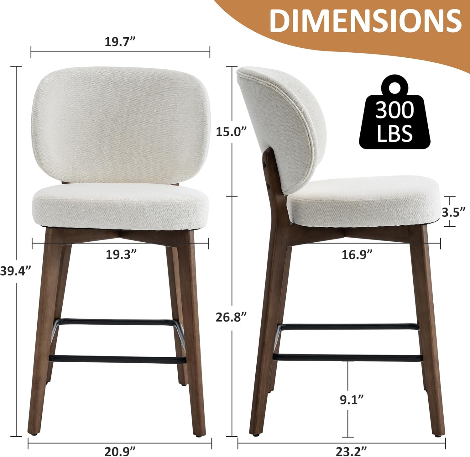 YOUNIKE Beige 26.8" Height Bar Stool Mid Century Modern Counter Stool Solid Wood Legs Fabric Upholstered Kitchen Island Bar Chair 20" Wide Armless Barstools with High Back Single