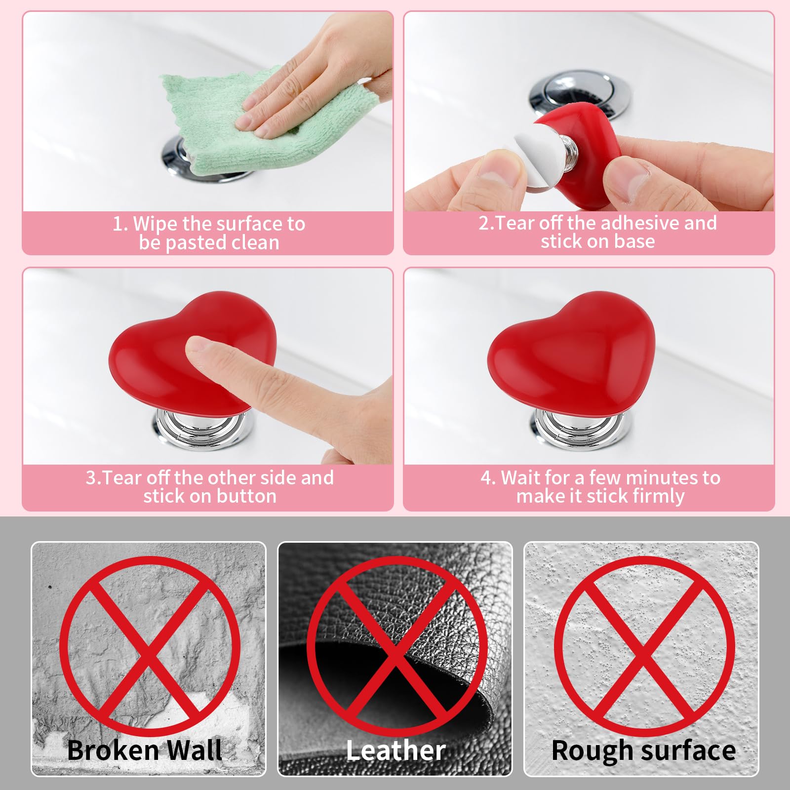 Bewudy 4 Pcs Toilet Button Pusher, Love Heart Shaped Toilet Tank Button Toilet Flush Button Pusher - Image 4