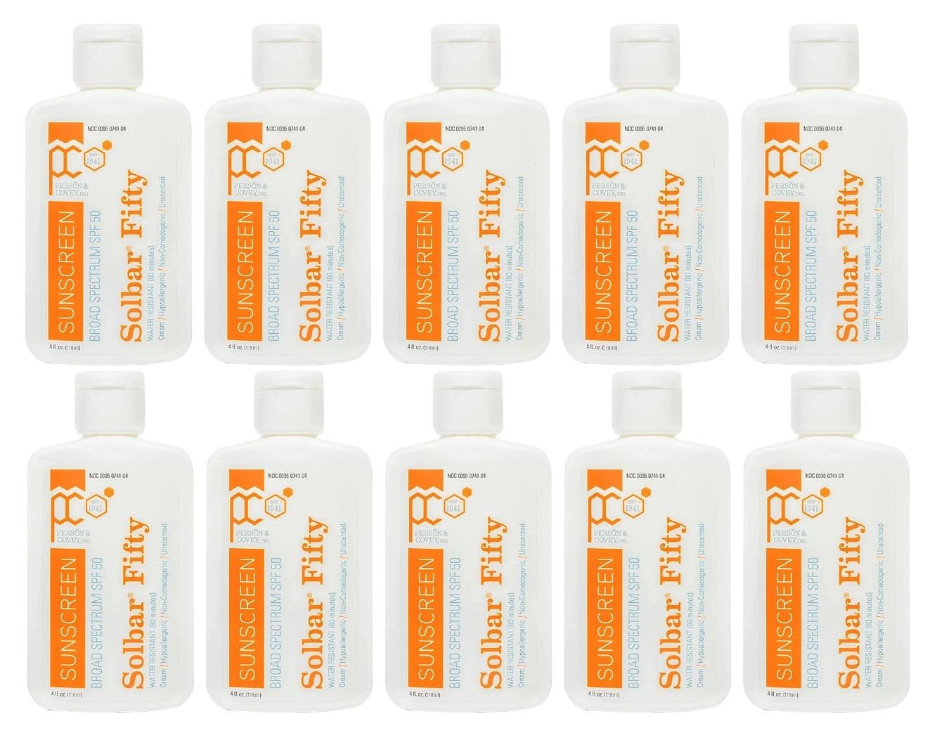 Solbar Fifty Sunscreen Broad Spectrum SPF 50 Water Resistant Cream Unscented 4 Oz Pack of 10