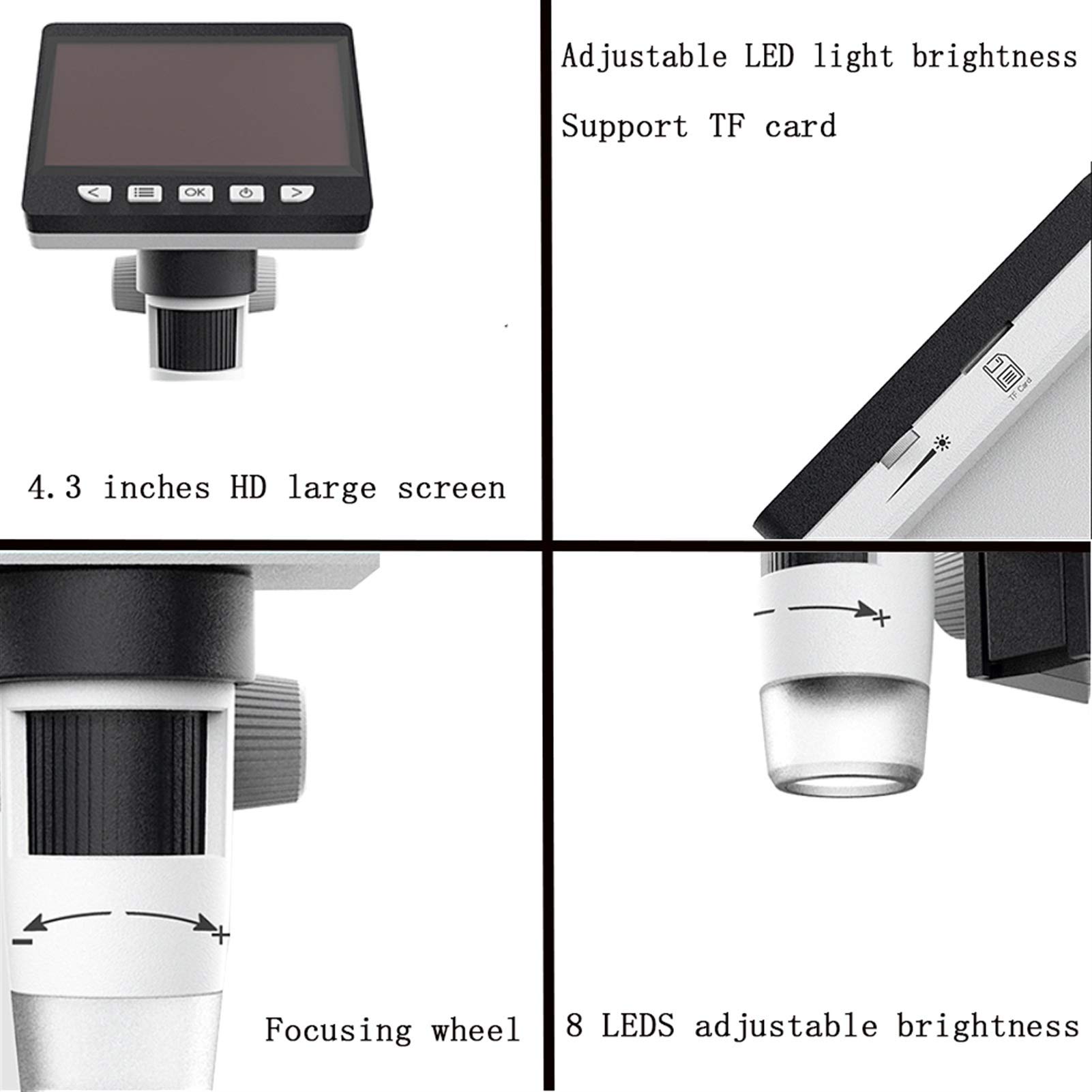 Digitale Microscoop, 1000X Digitale Scoop 4.3 ''USB Vergroting 1080P HD Elektronische Scoop Camera Met 8 LEDS For Telefoon Reparatie Solderen (Color : Plastic Bracket, Size : A Digitale Microscoop, 1000X Digitale Scoop 4.3 ''USB Vergroting 1080P HD Elektronische Scoop Camera Met 8 LEDS For Telefoon Reparatie Solderen (Color : Plastic Bracket, Size : A