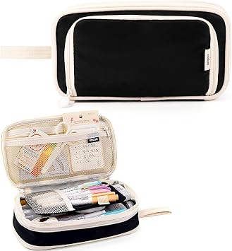 Large Capacity Pencil Case 4 Compartment Bag Organizer, Expandable Pen Bag, Portable Stationery Bag with Handle for Office Middle High College School Black