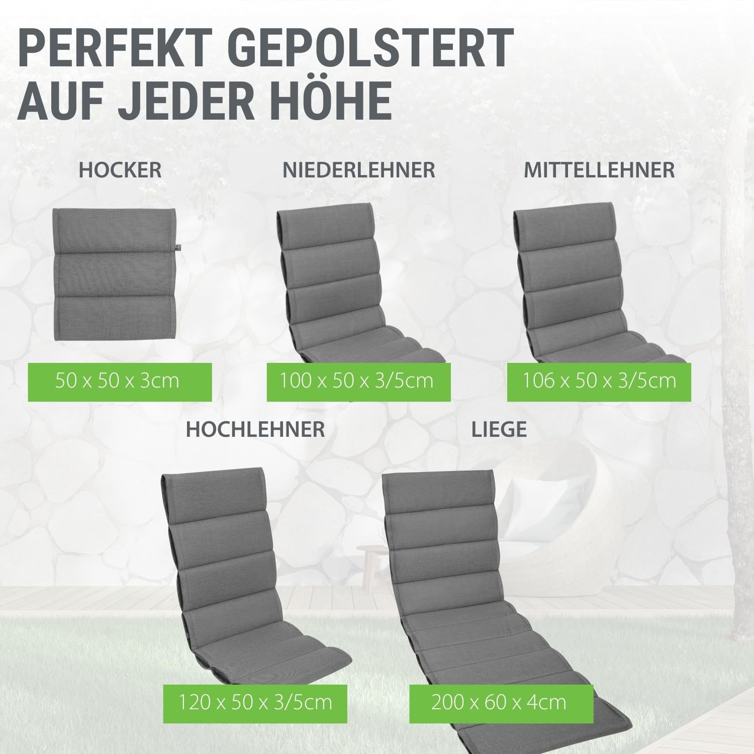 Auflage Liege dunkelgrau I Gartenliege Polster 200x60x4cm I hochwertige & Pflegeleichte Liegenauflage I Wetter- & formbeständige Liegen-Auflage I KTH1 Liegestuhlauflage