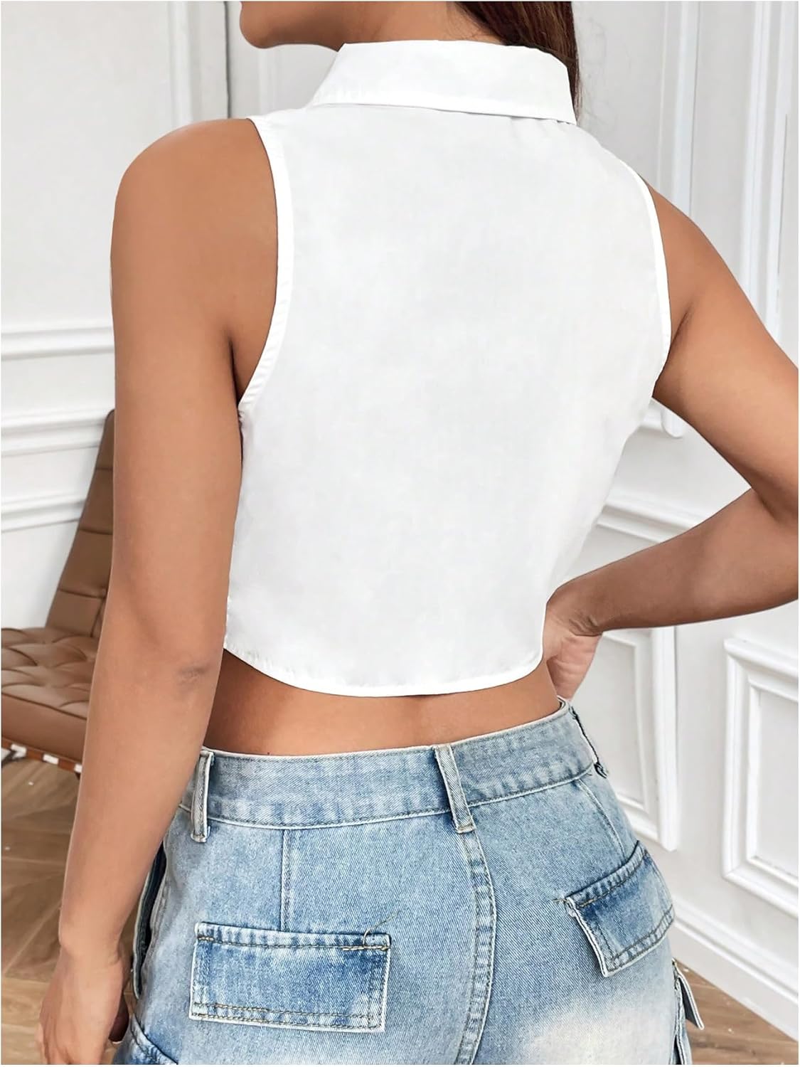 SOLY HUX Women's Button Down Sleeveless Crop Shirts Summer Tank Top Cropped Blouse with Matching Tie - Image 2