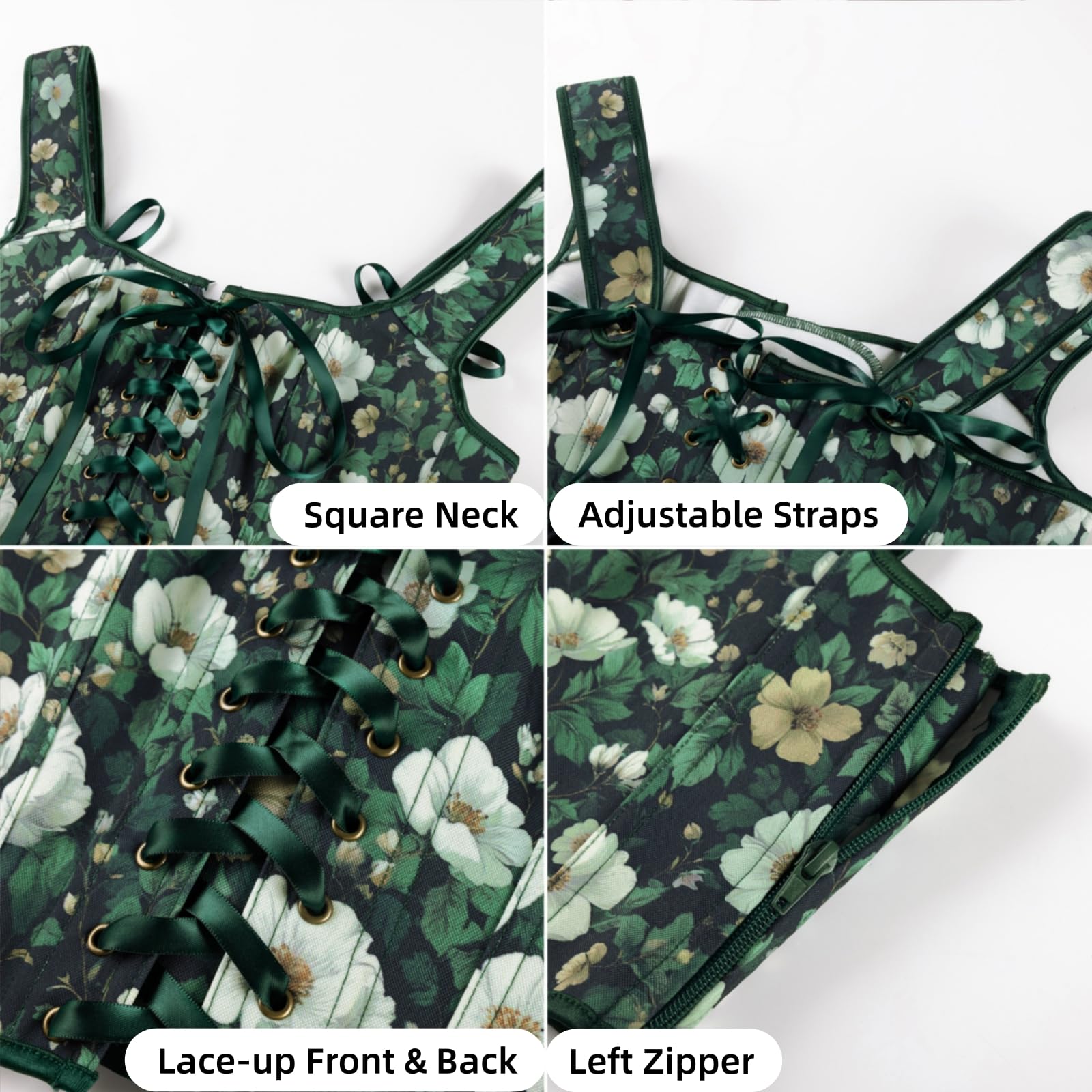 Scarlet Darkness Renaissance Corset Top for Women Boned Lace-up Overbust Bustier Corsets: 10 White-green Floral
