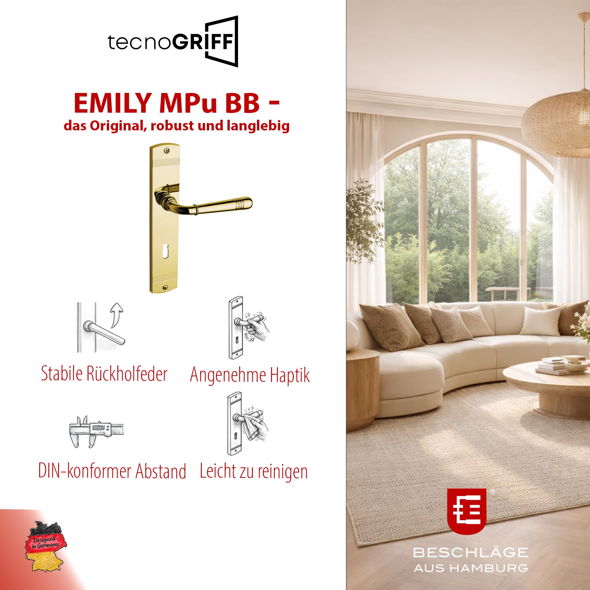 Beschläge Hamburg | Türgriffe Türbeschlag | Emily MPu PVD BB | Türklinken mit Buntbart Langschild 45 x 235 x 8 mm für Zimmertüren | Drückergarnitur/Türdrücker für Innentüren | in messingfarben PVD