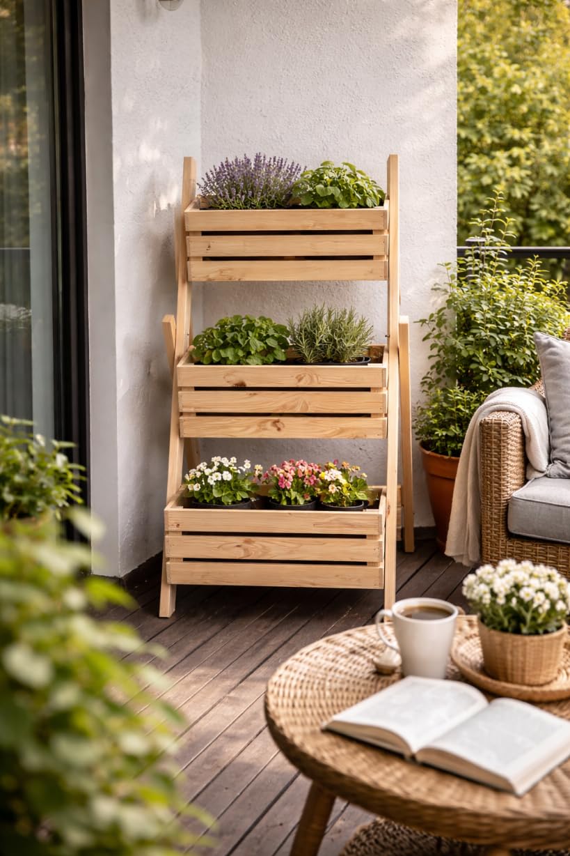 MG Design Support Plantes en Bois 80 x 130 cm – étagère à Plantes 3 Niveaux, adapté pour bac 60 cm, pour Fleurs, Herbes et légumes, jardinière Verticale pour Jardin et terrasse