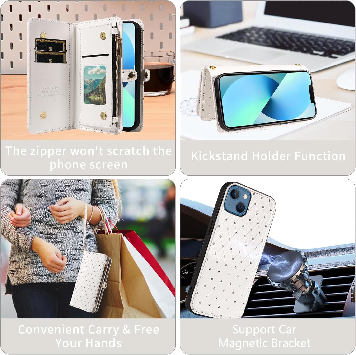 Asuwish Phone Case for iPhone 13 Mini 5.4 inch Zipper Wallet Cell Cover with Screen Protector Lanyard Strap Glitter Flip Card Holder Slot iPhone13mini i-Phone 13minicase i iPhone13 13mini Women White