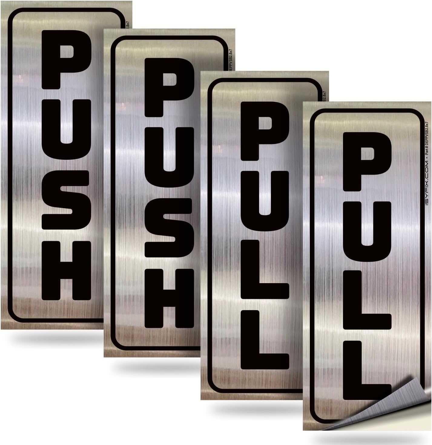 iSYFIX Push Pull Stickers Sign – 2 Pack 2.8x7 inch – Vertical Decal Self-Adhesive, Black/Brushed Silver Vinyl Sticker for Doors in Business, Stores, Cafes, Shops & More. Indoor and Outdoor use.