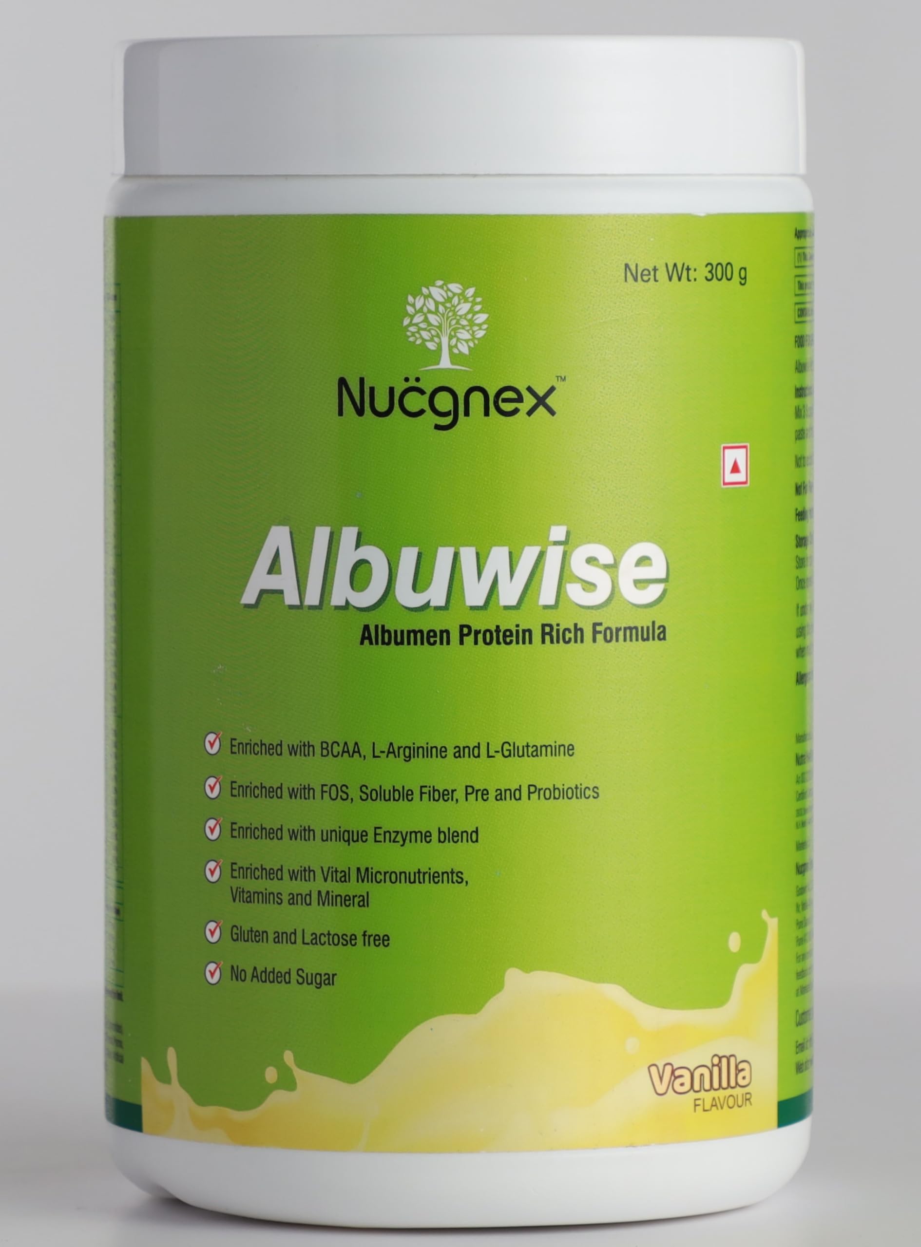 Nucgnex Albuwise Protein Powder 300g – Vanilla Flavor | Non-Vegetarian, Sugar-Free, Gluten-Free, Lactose-Free | Fast Absorption for Muscle Growth, Serum Albumin Support, Wound Healing & Immunity