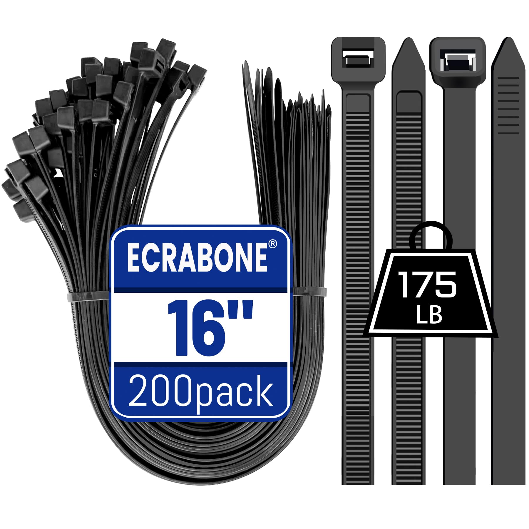 Bridas resistentes de 16 pulgadas, paquete de 200 unidades, 175 libras, bridas industriales grandes y fuertes de nailon autobloqueante, color negro