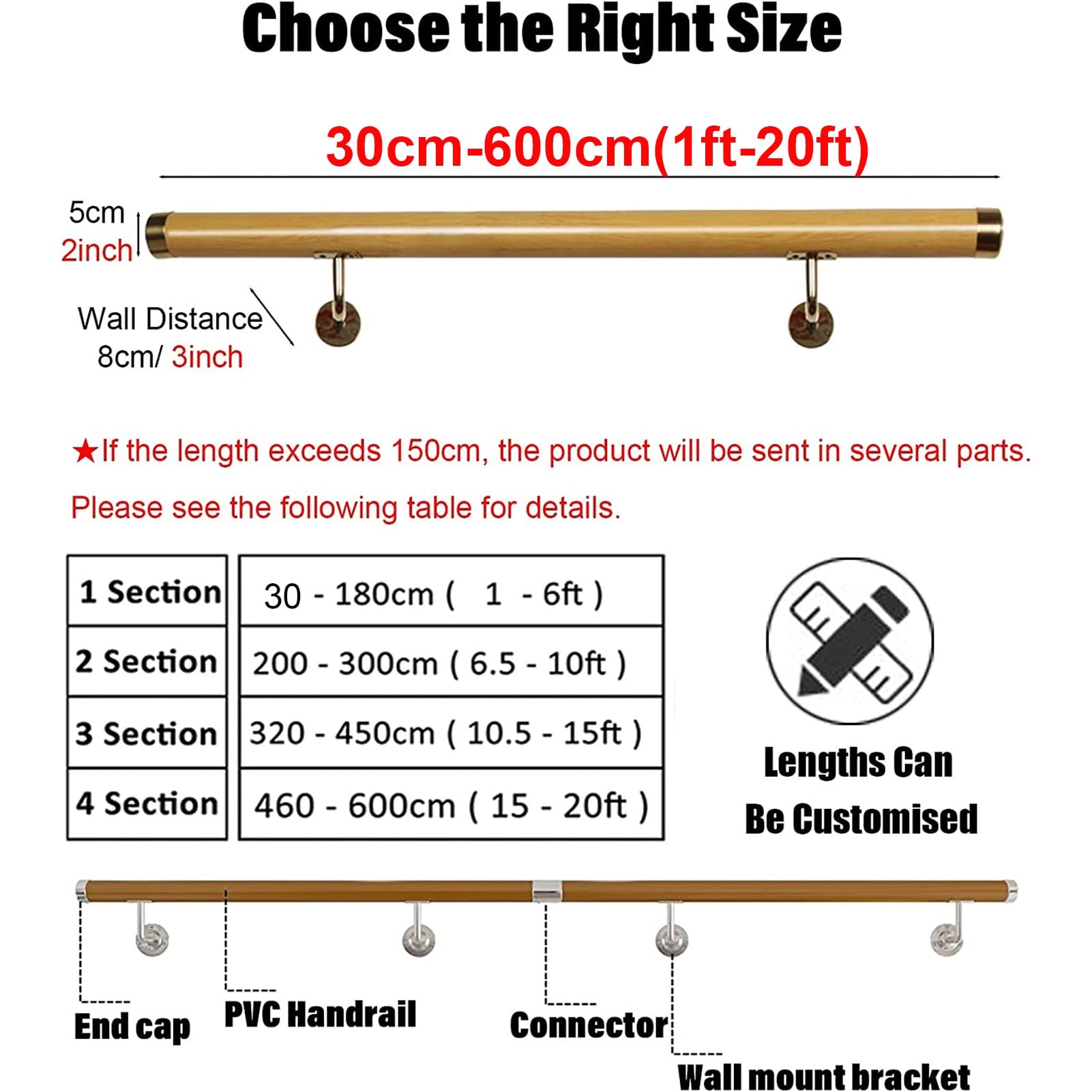 Solidne poręcze z PCW na zewnątrz IR ils 0,3 m-6 m, 5 cm grubości balustrady z zestawem wewnętrznym/zewnętrznym, poręcz pokładowa dla bezpieczeństwa, idealna dla osób niepełnosprawnych i starszych