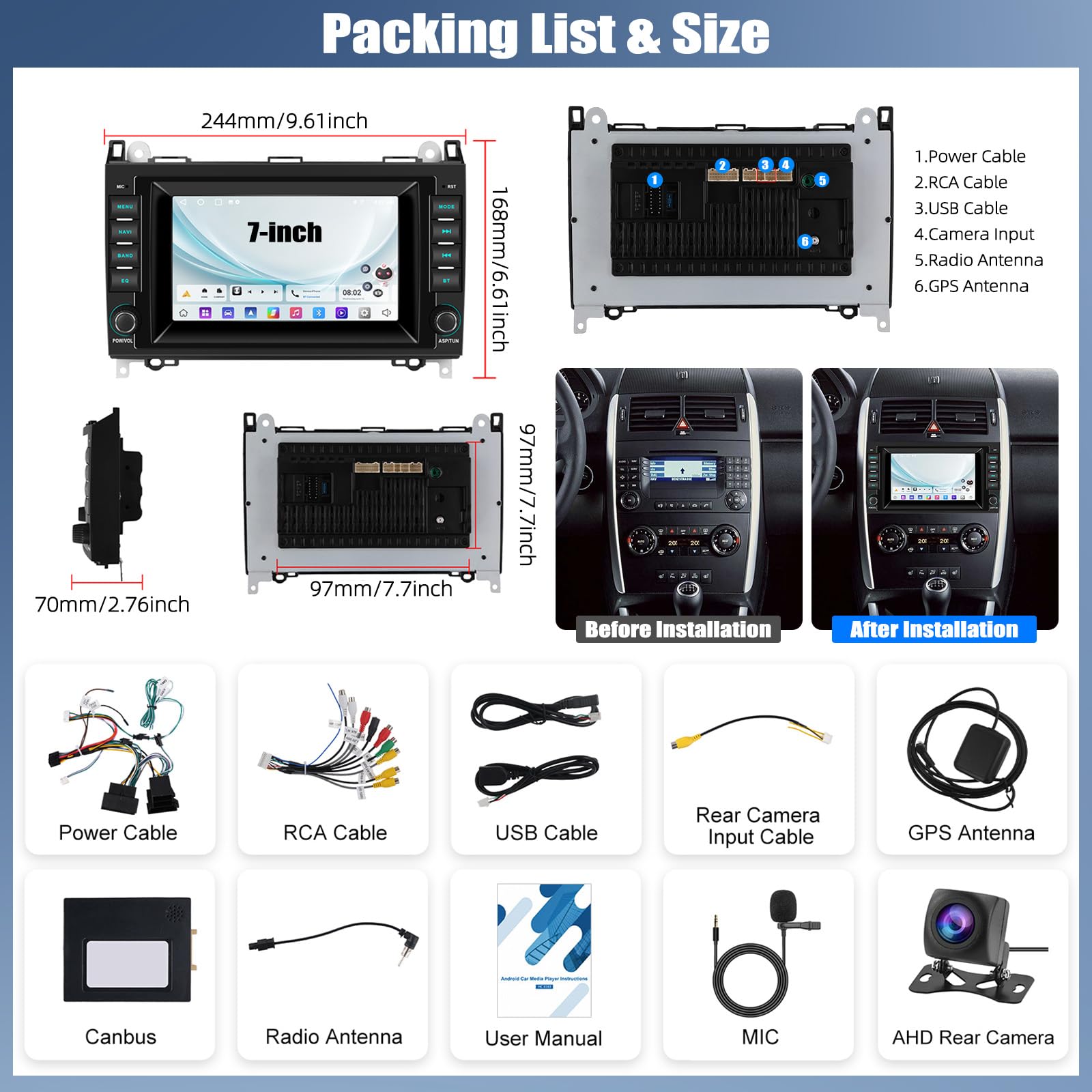 2G+64G Android 13 Autoradio Mit Bildschirm 7 Zoll für Mercedes-Benz A-Klasse W169/B-Klasse W245/Viano/Vito W639/Sprinter W906 Doppel Din Radio Carplay Android Auto mit WiFi/GPS/Bluetooth/FM RDS/EQ/SWC