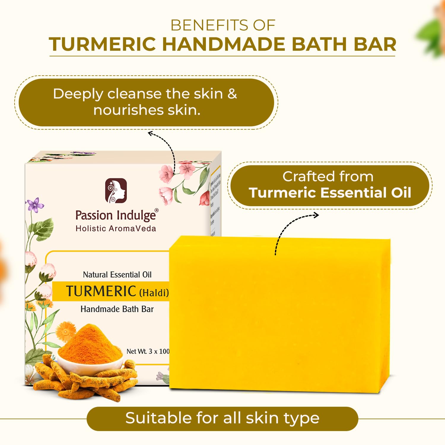 Passion Indulge Turmeric Handmade Bath Soap Pack of 1 (3 Soap, 100 Gram) - Image 3