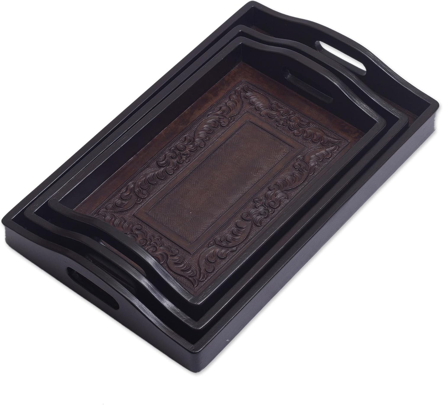 NOVICA Artisan Handmade Cedar Leather Trays Unique Wood Serving Set of 3 Brown Leatherwood Peru Tableware Serveware Hacienda [2.4in H x 15.75in W x 10.25in D 2.4in H x 13.5in W x 9in D 2.4in H x 12.2]