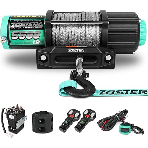 5500lbs ATV/UTV Winch with Synthetic Rope, Electric Boat Trailer Winch 12V, Waterproof Winch with 2 Wireless Remotes &Wired Switch,with Mounting Plate,Aluminium Fairlead