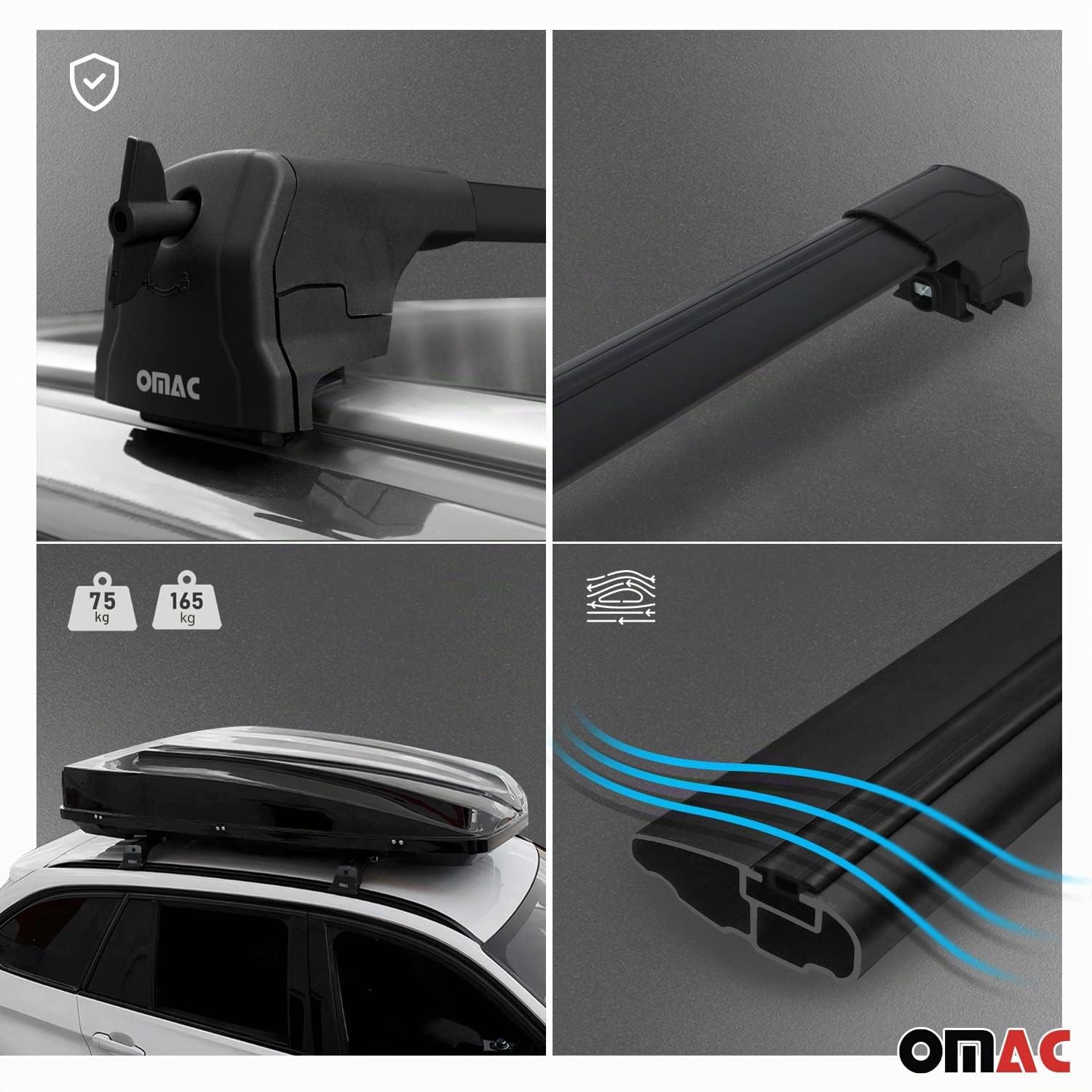 OMAC Barres de Toit en Aluminium pour Hyundai Kona II 2024-2026 – City Crash – ISO/Pas 11154:2006 – Antivol Inclus – Charge Max 75 kg – 2 Barres Noir