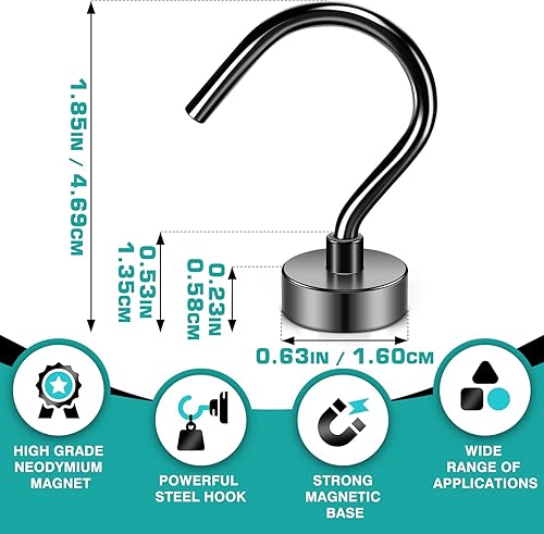 Miniatura 2 de Grtard Paquete de 10 ganchos magnéticos negros para colgar, ganchos magnéticos resistentes de 25 libras, ganchos magnéticos fuertes para crucero,