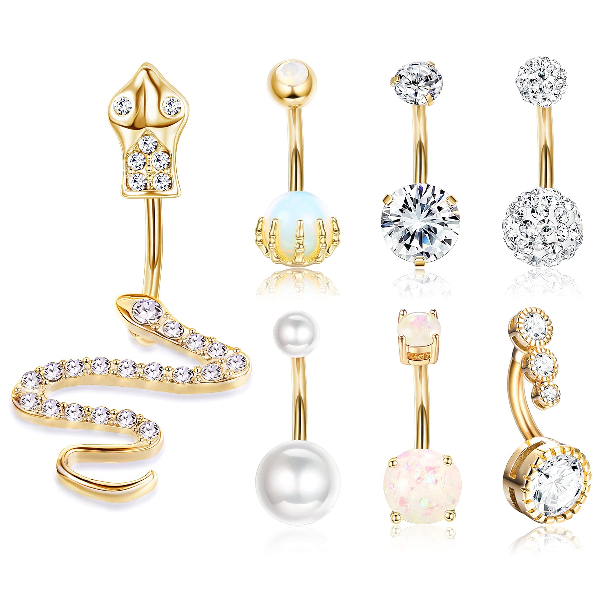 LOLIAS 7Pcs 14G Piercing Ombligo Acero Quirurgico para Mujer Ópalo Anillos de Ombligo Piercing Serpiente Joyeria Piercing para Mujeres