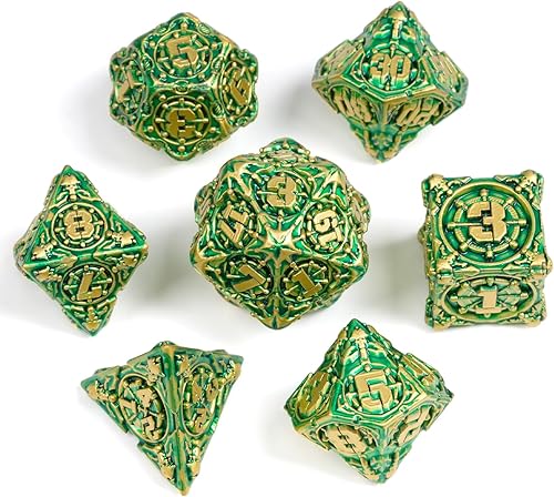 Miniatura 5 de GU BEI TE Metal DND Dice Set with Box, Colorful DND Pirate Dice 7-Piece for RPG D&D Dungeons and Dragons GiftsGold Green