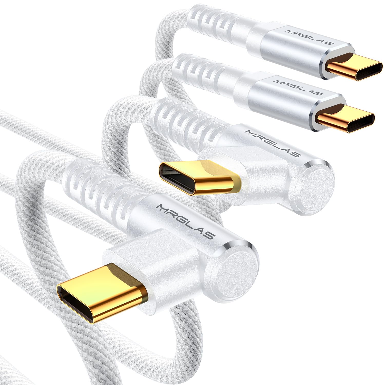 MRGLAS USB C to USB C Cable 60W 3.2A [2-Pack, 6.6+6.6FT] Type C Cable Right Angle Gold-Plated Nylon Braided Cord for iPhone 16 Pro Max 15 Plus Samsung