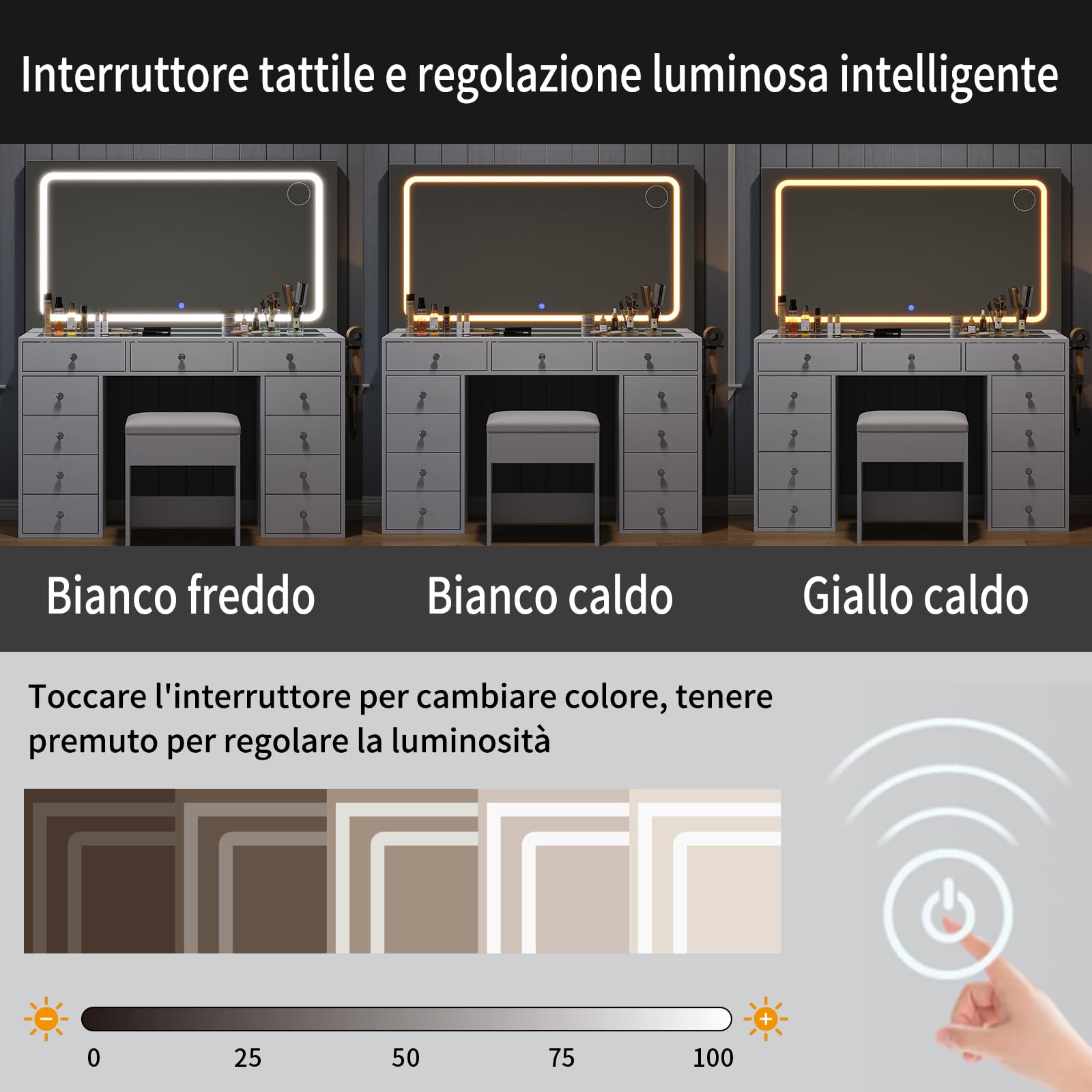 Yanosaku Postazione Trucco con Specchio LED e Sgabello, 11 Cassetti, Toeletta Trucco con Piano in Vetro e Prese di Corrente, Vanity Moderna Bianca per Camera da Letto