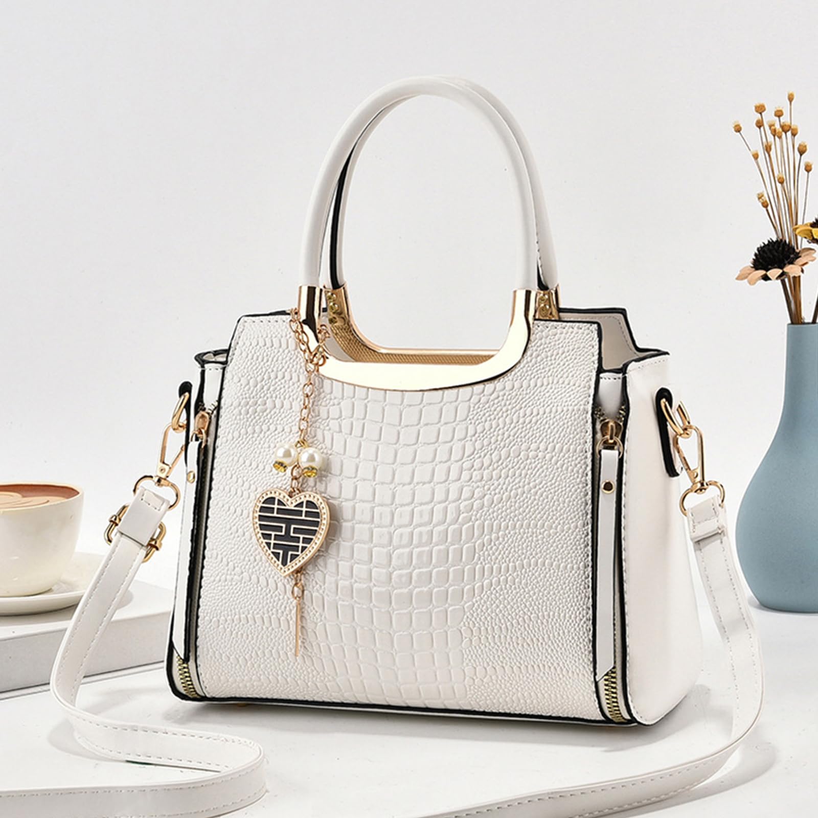 NICOLE & DORIS Sac a Main Femme Elegant Sac Bandoulière PU Cuir Sac D'épaule Crocodile Sac à Main Chic Petit Sac Cartable Bandoulière Blanc