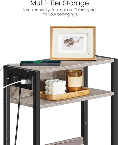 Vista 5 de Mesa auxiliar estrecha con estación de carga, mesa auxiliar delgada, mesita de noche delgada para espacio pequeño, sofá con almacenamiento