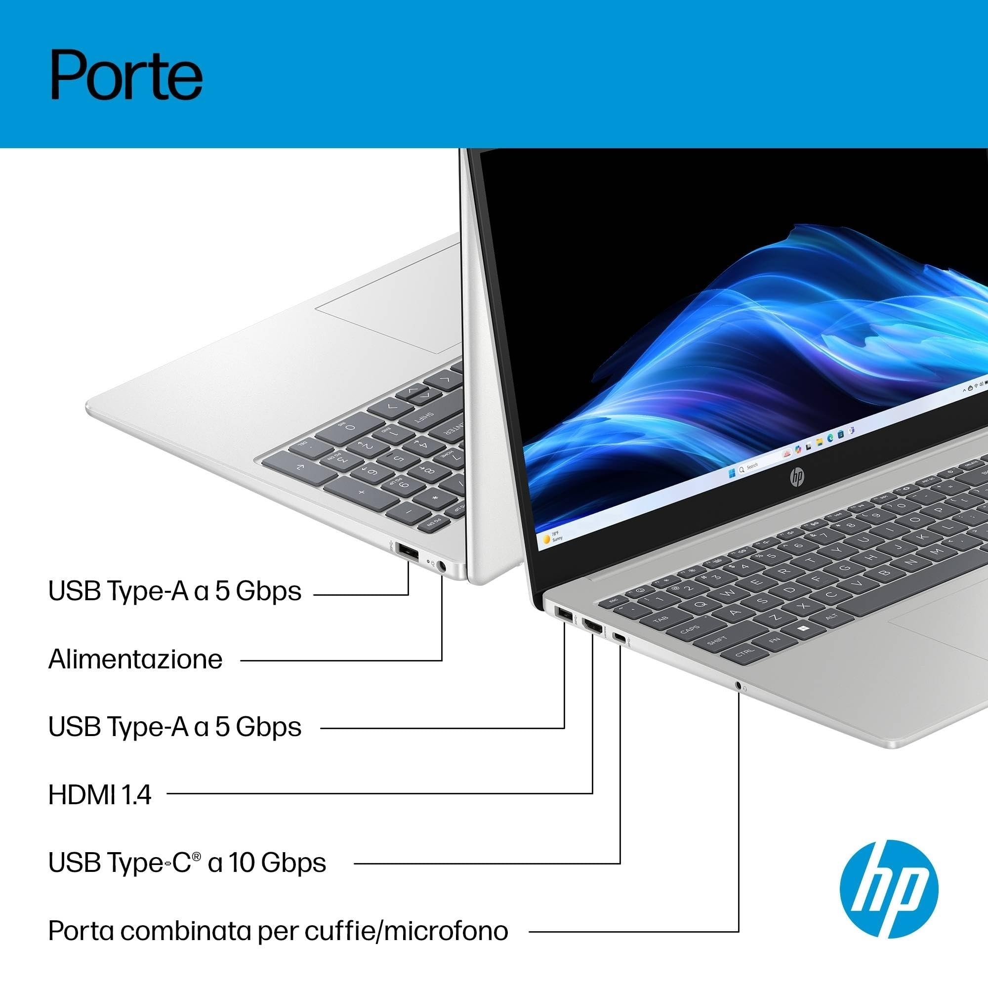 HP Laptop 15-fd1000slx, Notebook, Intel Core 7 150U, 16 GB RAM, 512 GB, Grafica integrata, Display 15,6" FHD Antiriflesso 250 nits, Laptop, Windows 11, Portatile, Argento
