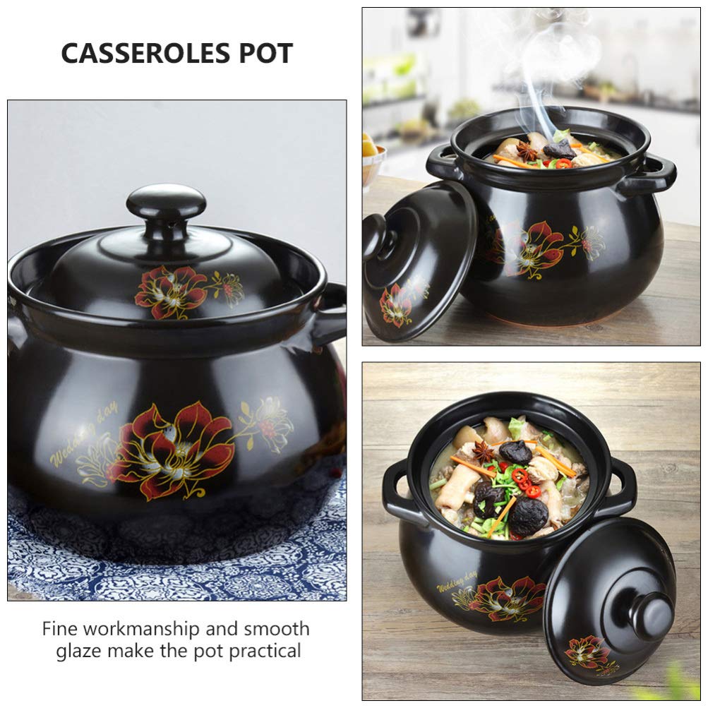 Hemoton Casserole en céramique anti-adhésive 2,8 L en faïence avec couvercle pour ragoût, soupe, résistant aux rayures (noir)