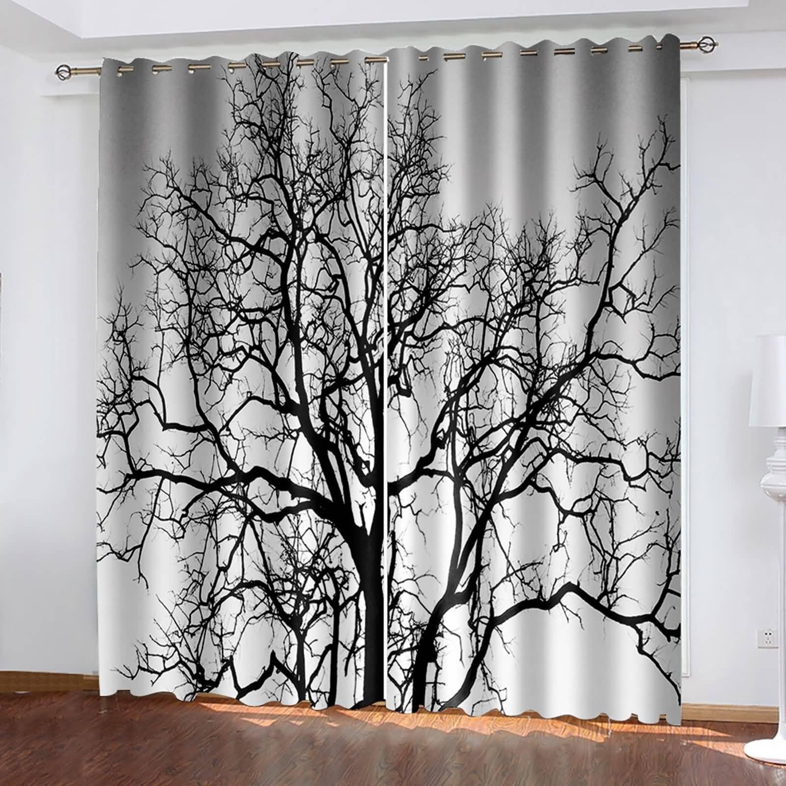 Rideaux occultants gris foncé motif branches d'arbres isolant thermique 102x160cm pour salon
