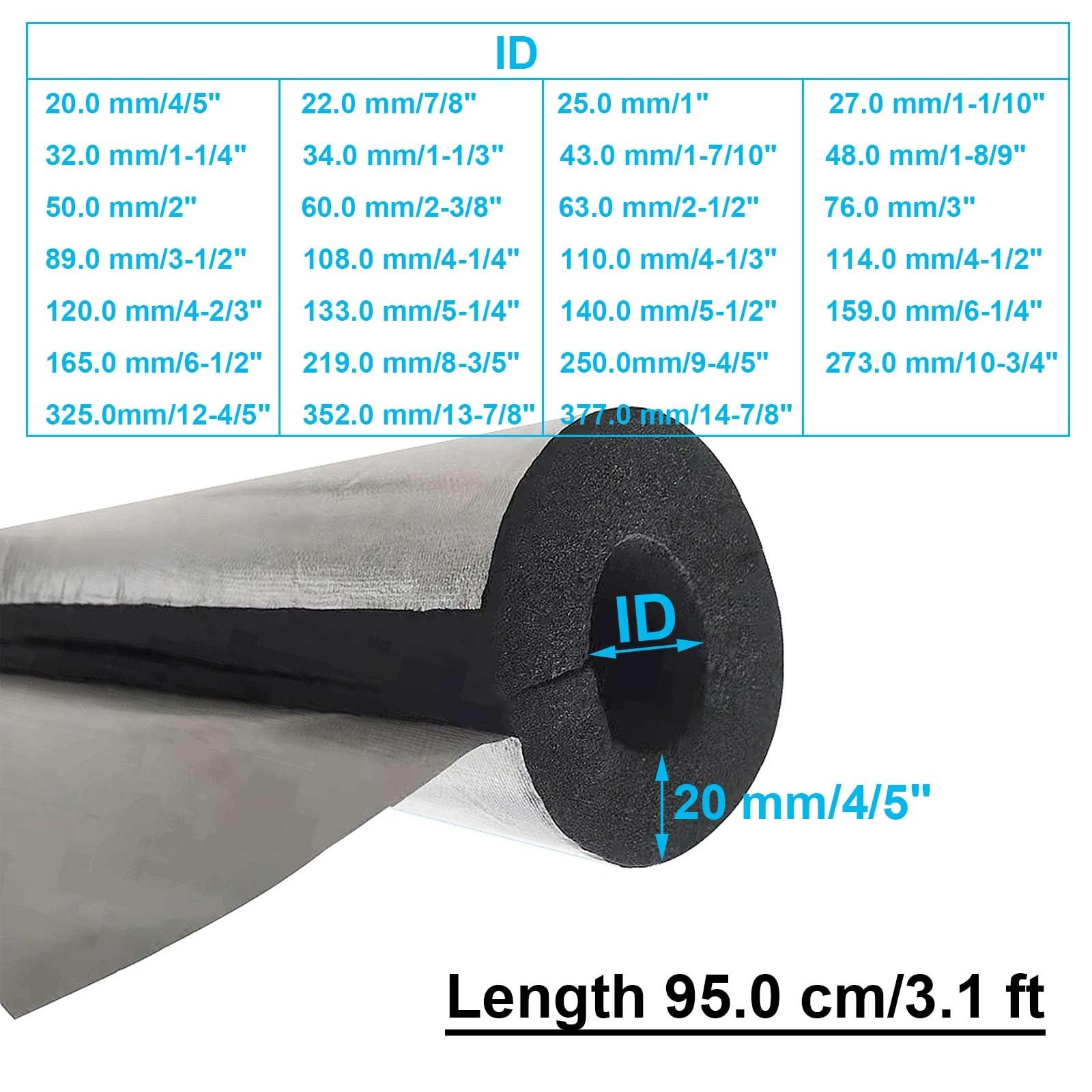 Tubo Isolante Antigelo per Esterni Guaina Isolante per Tubi in Schiuma Antigelo Ritardante di Fiamma Spessore 20 mm Isolante per Tubature ID 22 27 34 43 50 63 76.0 mm, 1 Pezzo(325.0mm/12-4/5")
