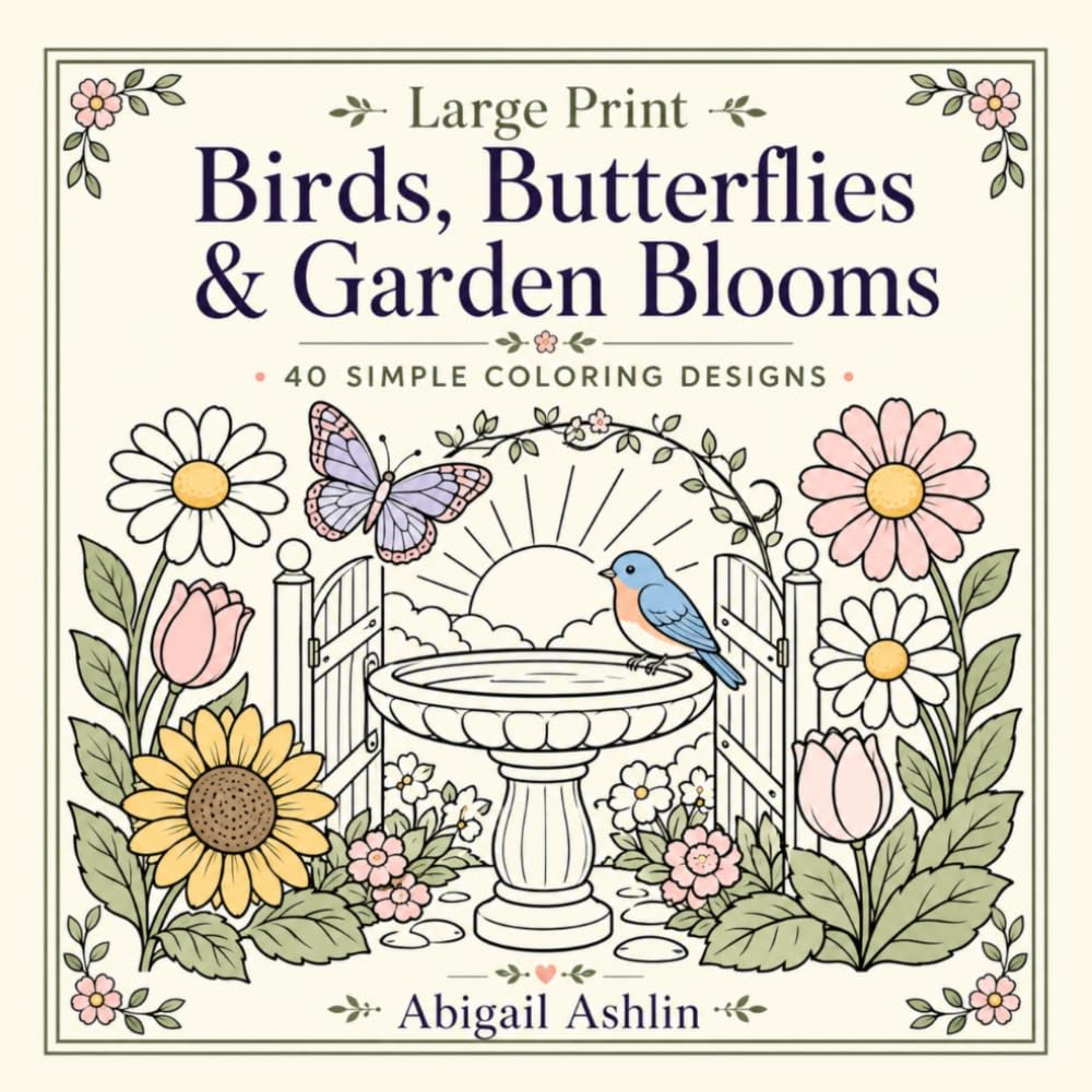 Large Print Birds, Butterflies & Garden Blooms: 40 Simple Coloring Designs for Beginners, Relaxation, Mindfulness, and Stress Relief