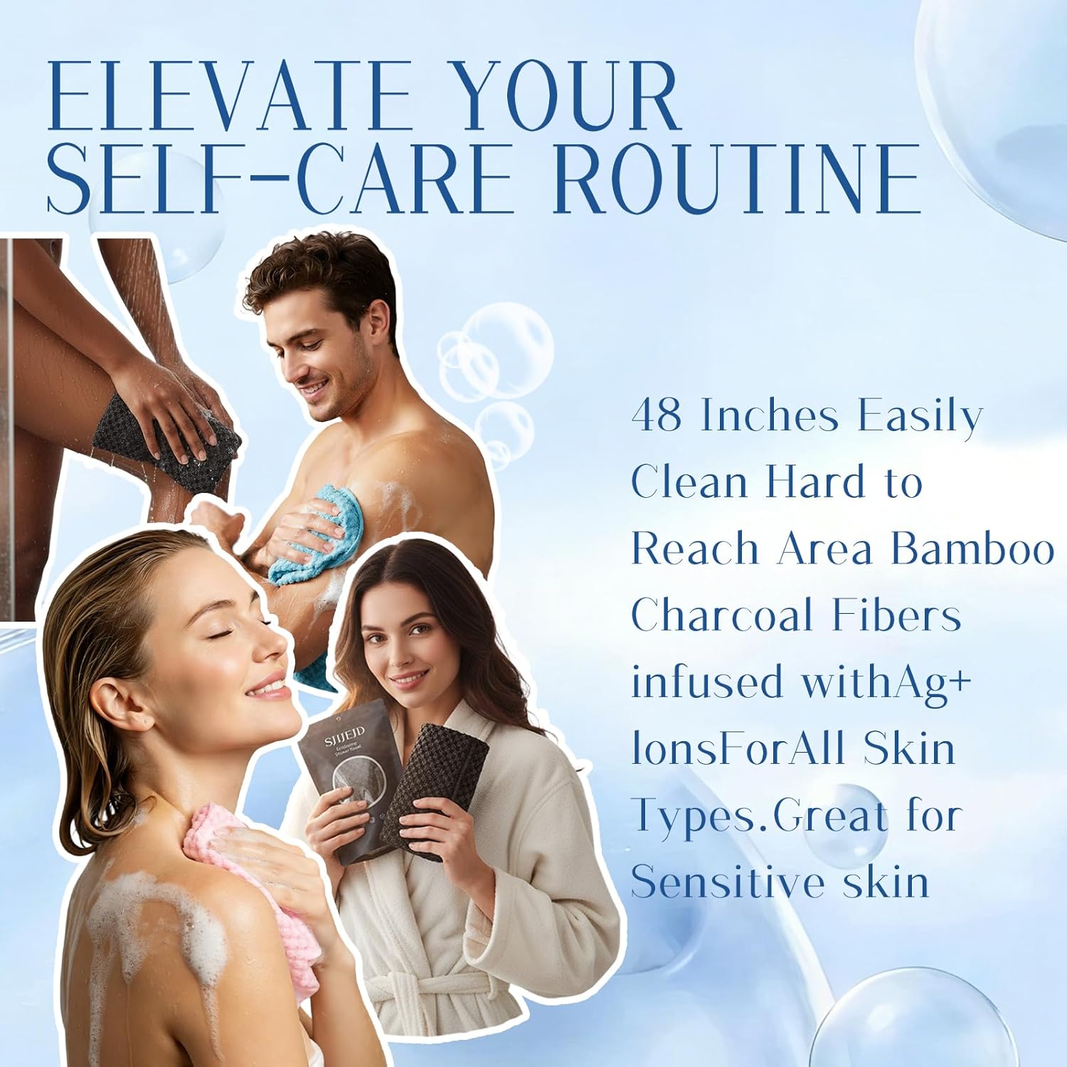 Exfoliating Washcloth Face back scrubber Japanese Exfoliating Towel body scrubber with Hexagon Fibers, with 2 Sides for Scrubbing & Washing, Extra Long Body Towels (3PC)