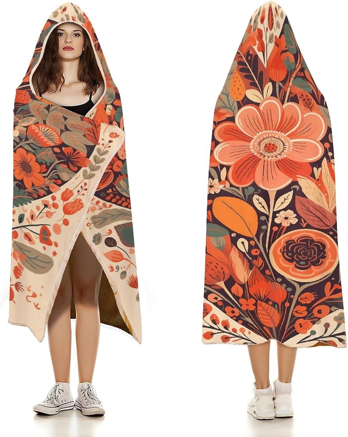 Folk Style Flowers Hooded Blanket Cozy And Functional,Wearable Blanket Hoodie for Women Men,Blanket Poncho Presents50 x60
