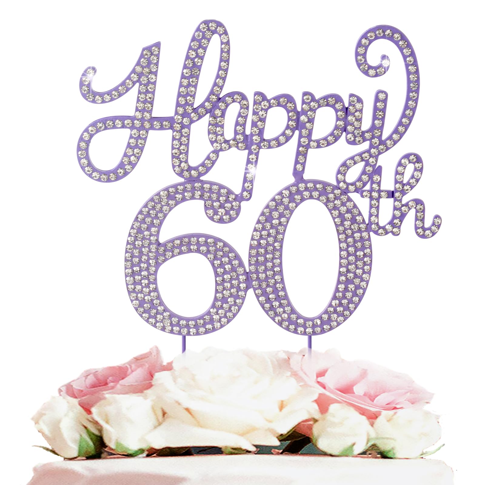 LASKYER Happy 60th Birthday Decorations,60th Birthday Purple Rhinestone Cake Topper - Cheers to Sixty Years Old Bday Party Metal Sparkly Cake