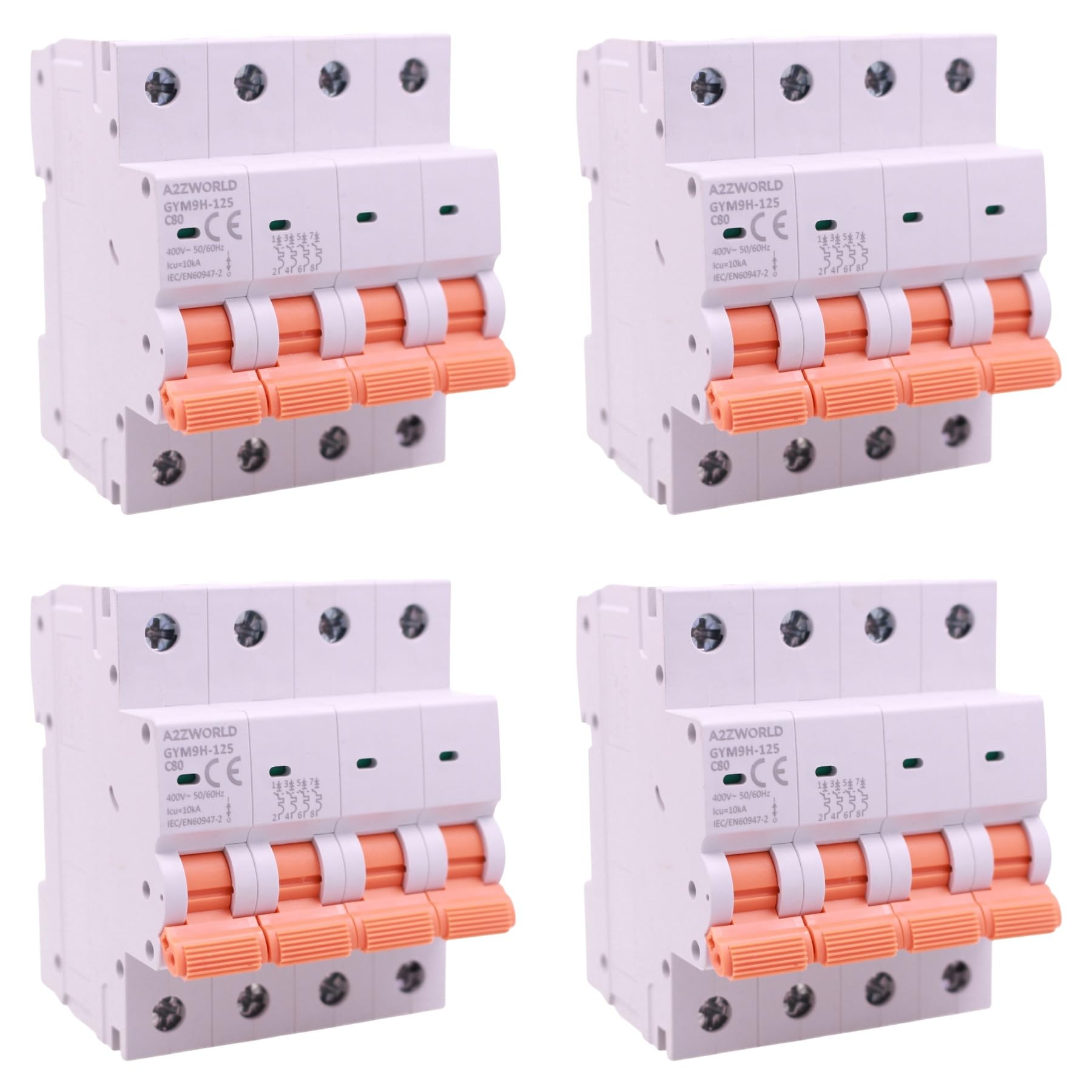 4 interruptores magnetotérmicos trifásicos 4P 80A C80, curva C 10kA, 4 módulos DIN 380 V AC, certificado IEC60898-1, serie GYM9H-125