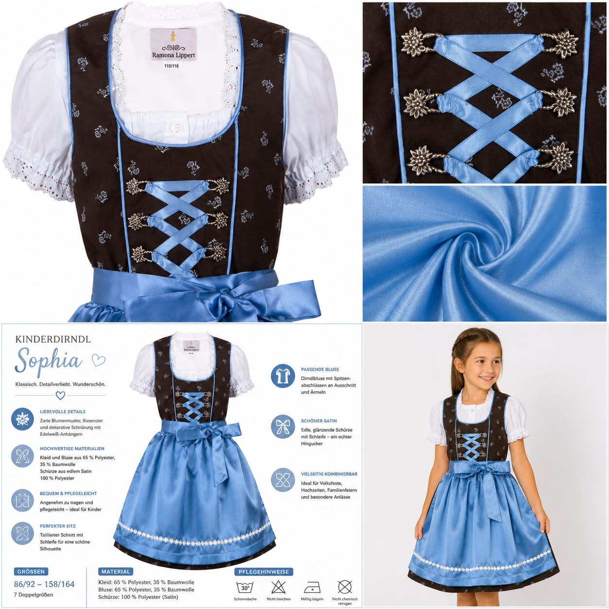 Ramona Lippert® - Dzieci Dirndl dla dziewczynek - dirndl dla dzieci Sophia w kolorze brązowym z kwiatowym wzorem - 3-częściowa sukienka ludowa - moda ludowa - strój ludowy z fartuchem