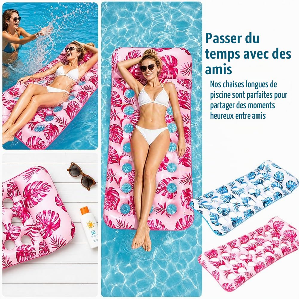 2 Pièces Matelas Gonflable Piscine pour Adultes, Tanning Pool Flotteur, Transat de Piscine pour Bain de Soleil pour Plage, Lac