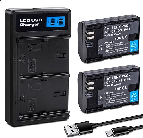 Paquete de 2 baterías LP-E6 LP-E6N con cargador dual para Canon EOS 5D Mark II, 5D Mark III, 5D Mark IV, 5DS, 5DS R, 6D, 6D Mark II, 7D, 7D Mark II,