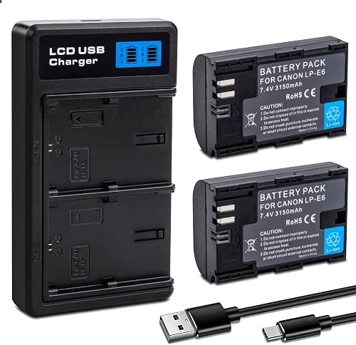 2-pack LP-E6 LP-E6N Batteries with Dual Charger for Canon EOS