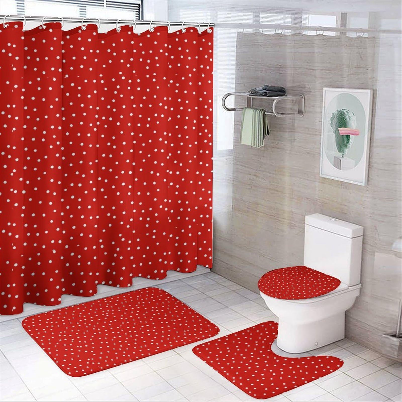 JZemdybill Bathroom Mat Set 4 Piece, Red And White Polka Dots Shower Curtain with Non-Slip Bath Mats for Bathroom