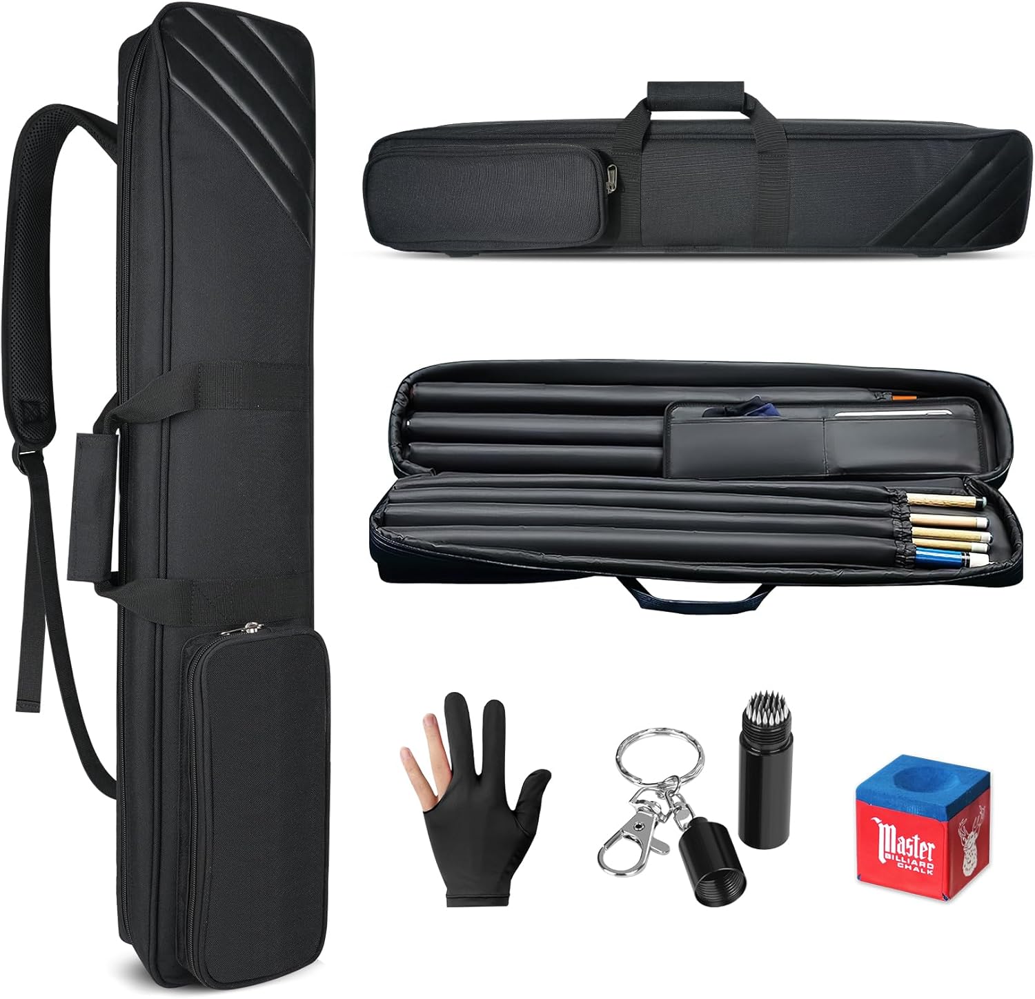 Foleto 3×4 Pool Cue Case, Pool Stick Case Holds 3 Heads and 4 Shafts with Front Accessory Pocket and Adjustable Shoulder Strap, Holds Cues and Accessories, Comes with Gloves, Tip Tool, Chalk, Black