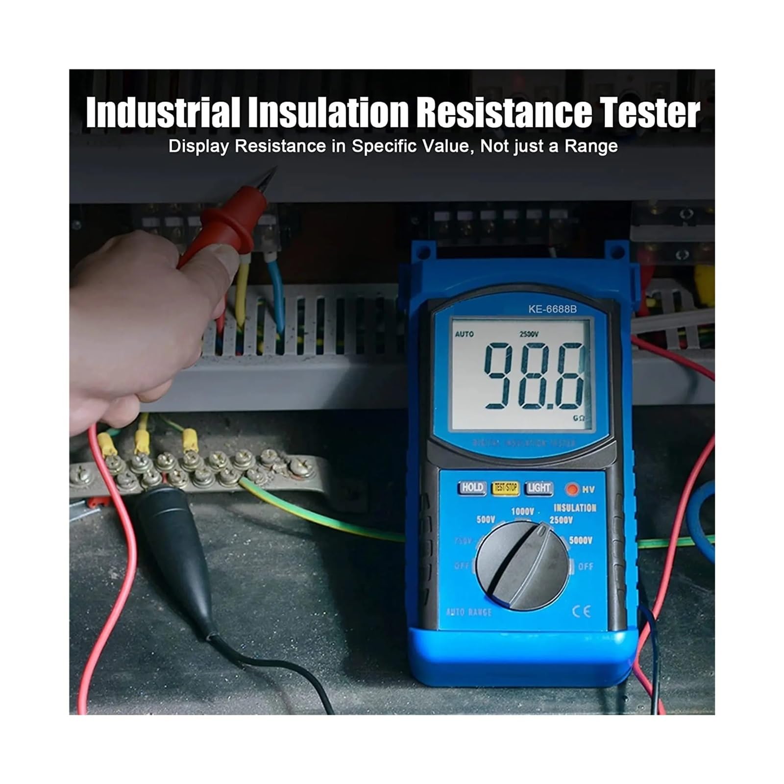 Cyfrowy megaomomierz, tester rezystancji izolacji Kethvoz 500 V/1000 V/2500 V/5000 V, automatyczny z zakresem 1 MΩ~2 GΩ, pomiar prądu przemiennego Przemysł, Motoryzacja